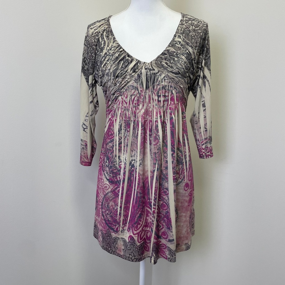 Unity World Wear Pink Grey Abstract Paisley Tunic Top M Boho Fairy Stretchy